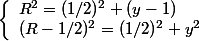 \left\{\begin{array}l R^2=(1/2)^2+(y-1)
 \\ (R-1/2)^2=(1/2)^2+y^2\end{array}\right.